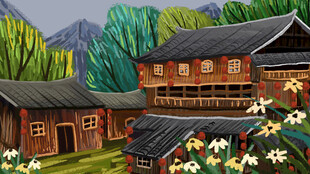 山间木屋旁的烂漫花丛