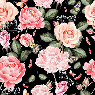 黑色背景上的玫瑰蝴蝶图案无缝循