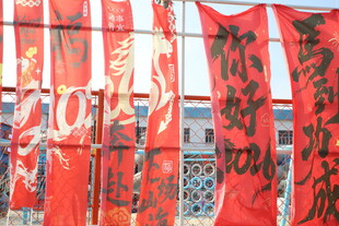 红色助威旗帜迎风招展