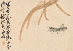 齐白石国画中的蚂蚱与植物