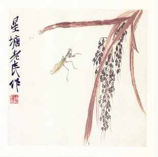 水墨稻穗上的螳螂