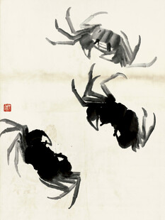 齐白石水墨虾趣图