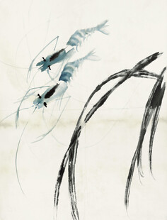 齐白石水墨游鱼与兰草