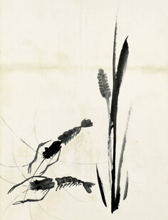 齐白石水墨虾趣图