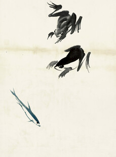 齐白石水墨飞鸟与游鱼画面