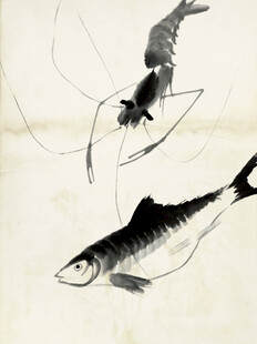 齐白石水墨绘鱼鸟图