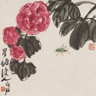 齐白石水墨牡丹图草虫添雅趣