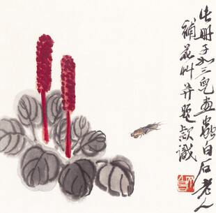 水墨绘红穗植物与飞鸟
