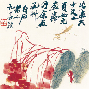 齐白石水墨虾趣图