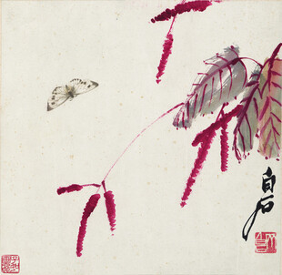 齐白石水墨红叶间的灵动飞鸟