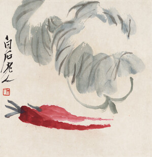 齐白石水墨绘辣椒白菜图