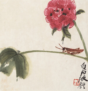 齐白石国画牡丹上的红蜻蜓