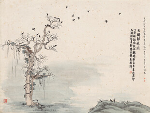 齐白石水墨孤树飞鸟图