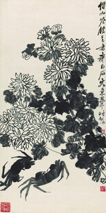 齐白石水墨虾菊图
