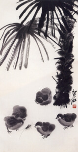 齐白石水墨松鼠与棕榈树图景
