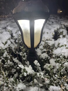 雪覆草丛中的亮灯路灯