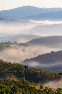 山间晨雾缭绕的壮美景色