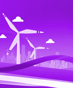 紫色背景下的风力发电景观
