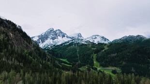 山间绿野中的巍峨雪山