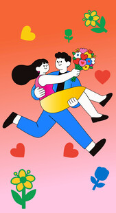 情侣欢乐奔跑送花瞬间