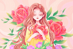 唯美长发女生抱着花插画