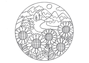 圆形花卉山水填色图案