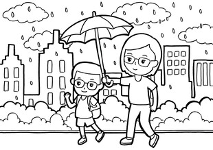 雨中母子撑伞温馨漫步