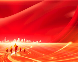 红色城市风光人物前行景象