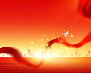 红色飘带城市天际线背景图