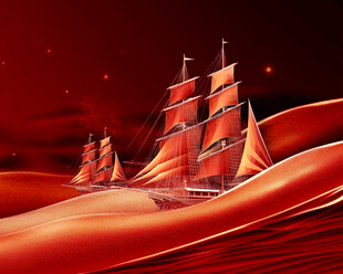 红色海洋上的古典帆船