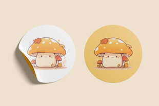 两张圆形卡通蘑菇贴纸样机模板