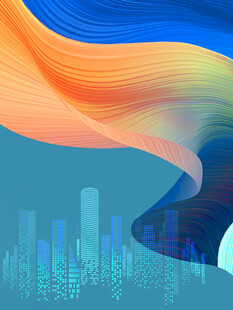 城市上空的绚丽彩色飘带