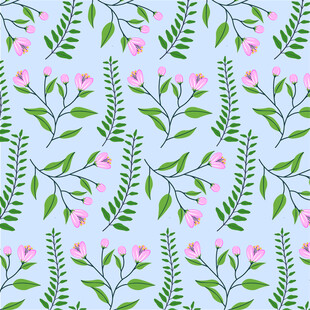 浅蓝色花卉绿叶无缝图案