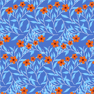 蓝色底橙色花卉图案背景