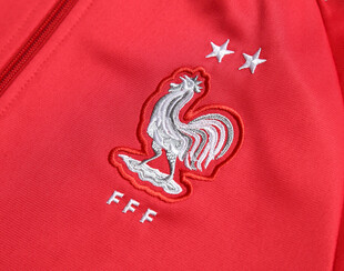 红色衣物上的公鸡刺绣图案