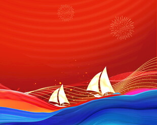 海上帆船在多彩波浪中航行