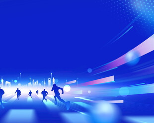 蓝色背景下的奔跑人群