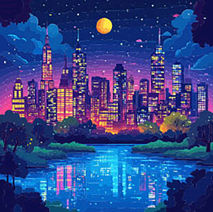 梦幻都市月夜河畔美景