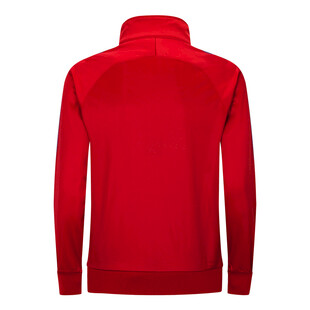 红色立领长袖上衣背影