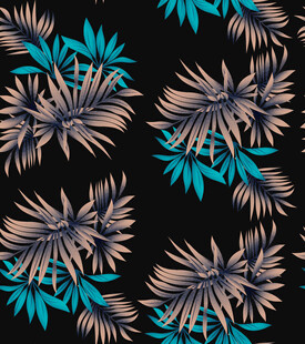 热带植物图案黑色背景印花