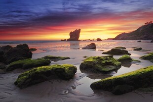 海边夕阳下的礁石美景