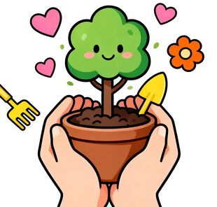 双手呵护可爱盆栽小树