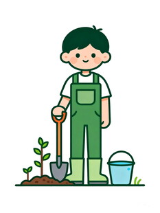 小男孩开心地进行园艺活动