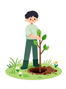男孩开心地种植小树苗