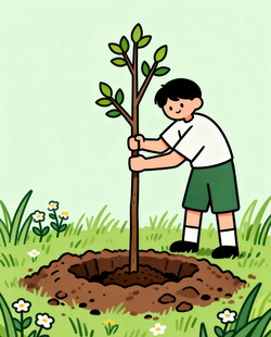 男孩草地植树场景
