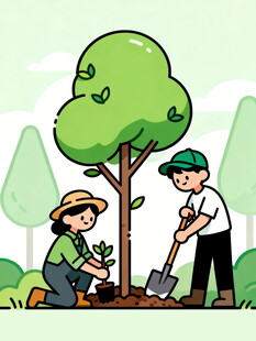 两人合作愉快植树场景