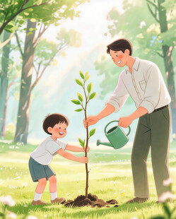 父亲与孩子在户外植树