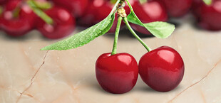 新鲜红樱桃摆放在桌面上