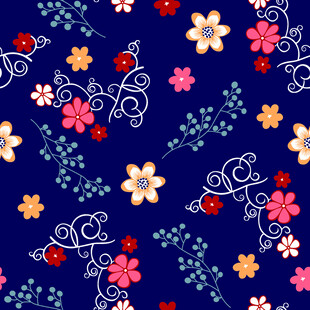 深蓝色底多彩花朵图案
