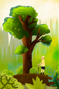 森林中男孩置身大树旁